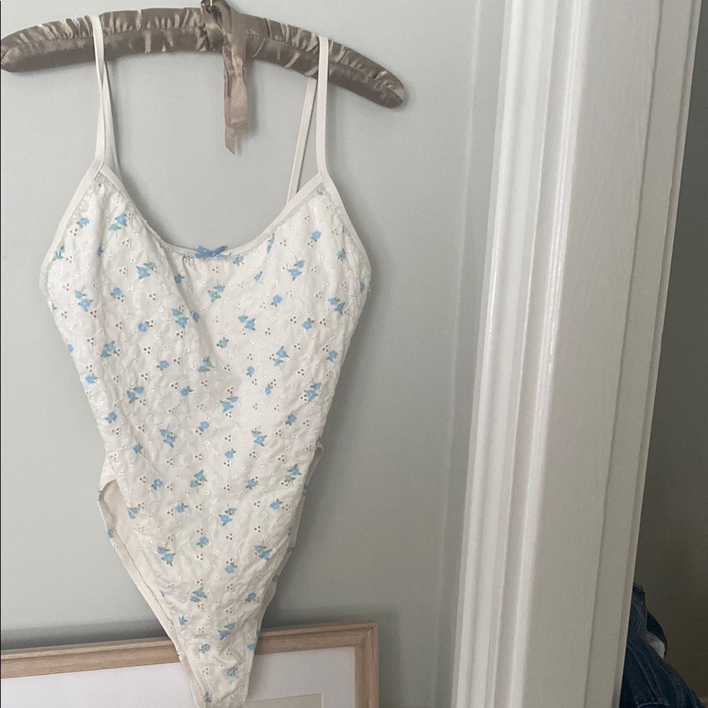 Floral One Piece Swimsuit Dippin Daisys- White and Blue super cute